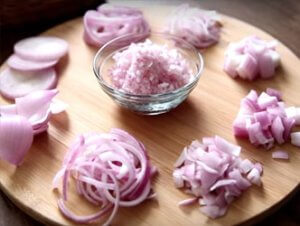 Red onion cut in a variety of styles
