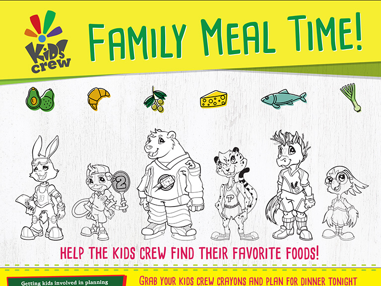 Graphic which reads Kids Crew Family Meal Time! Help the kids crew find their favorite foods!